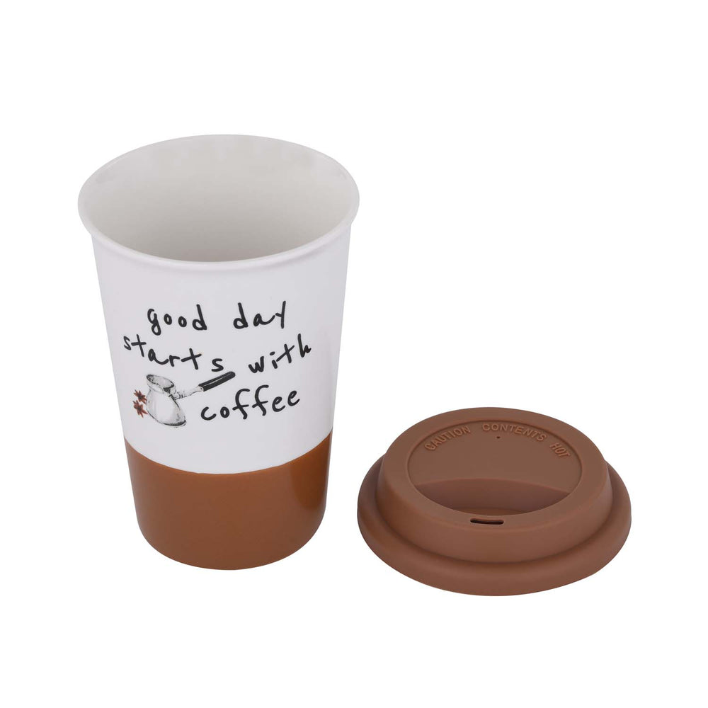 Good Day Printed 420 ml Ceramic Coffee Mug with Lid- Brown