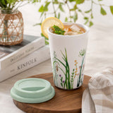 Floral Design 420 ml Ceramic Coffee Mug with Lid- Mint