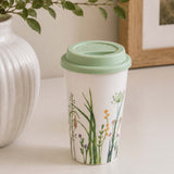 Floral Design 420 ml Ceramic Coffee Mug with Lid- Mint