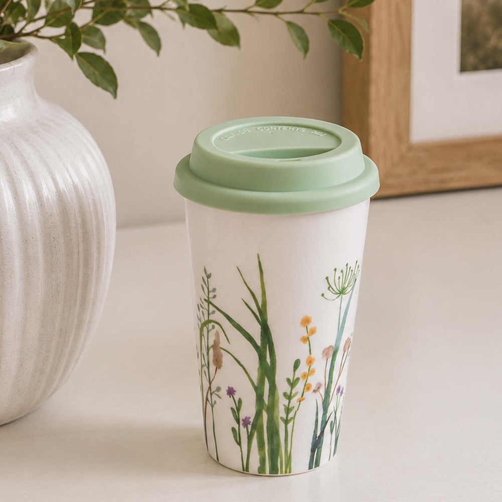 Floral Design 420 ml Ceramic Coffee Mug with Lid- Mint