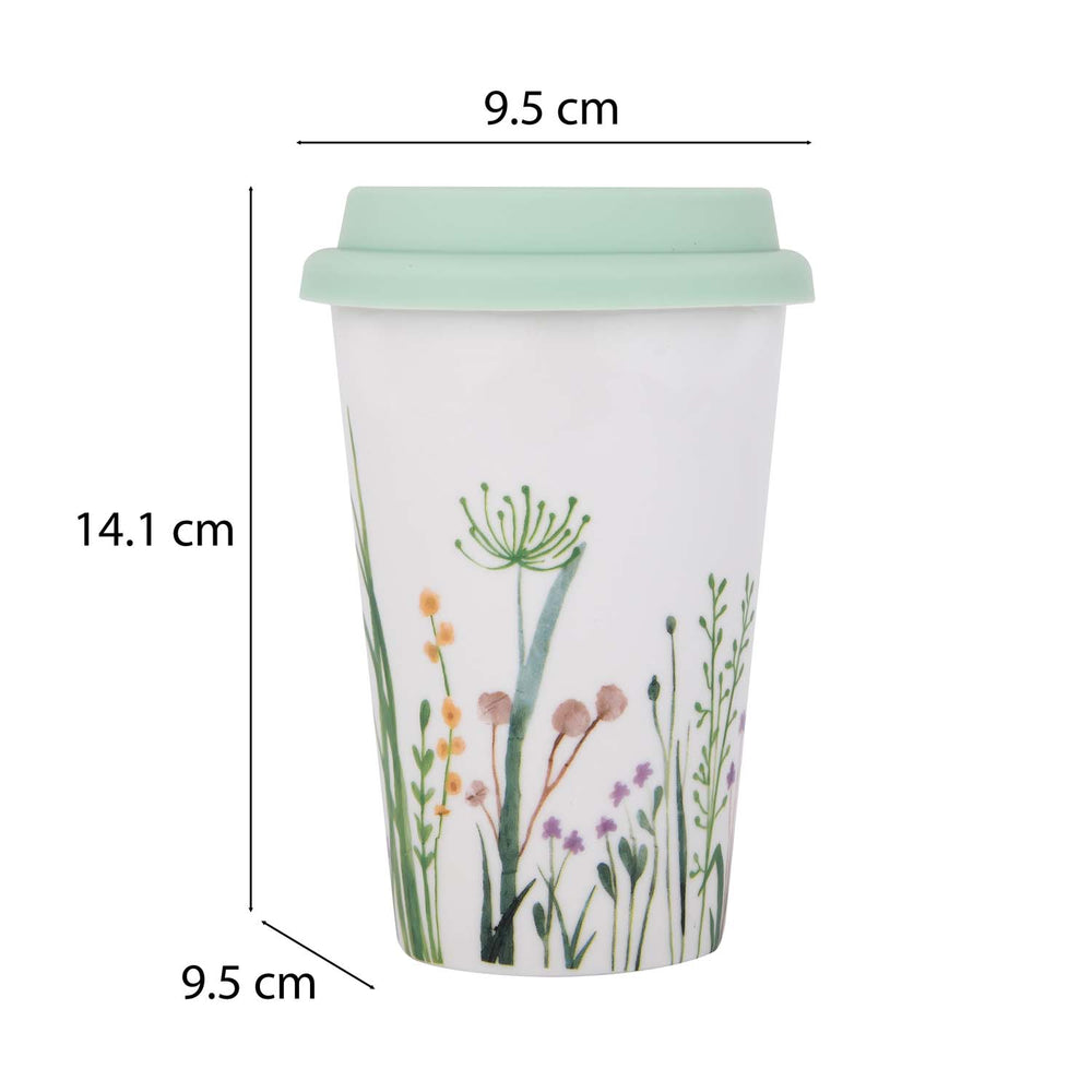 Floral Design 420 ml Ceramic Coffee Mug with Lid- Mint
