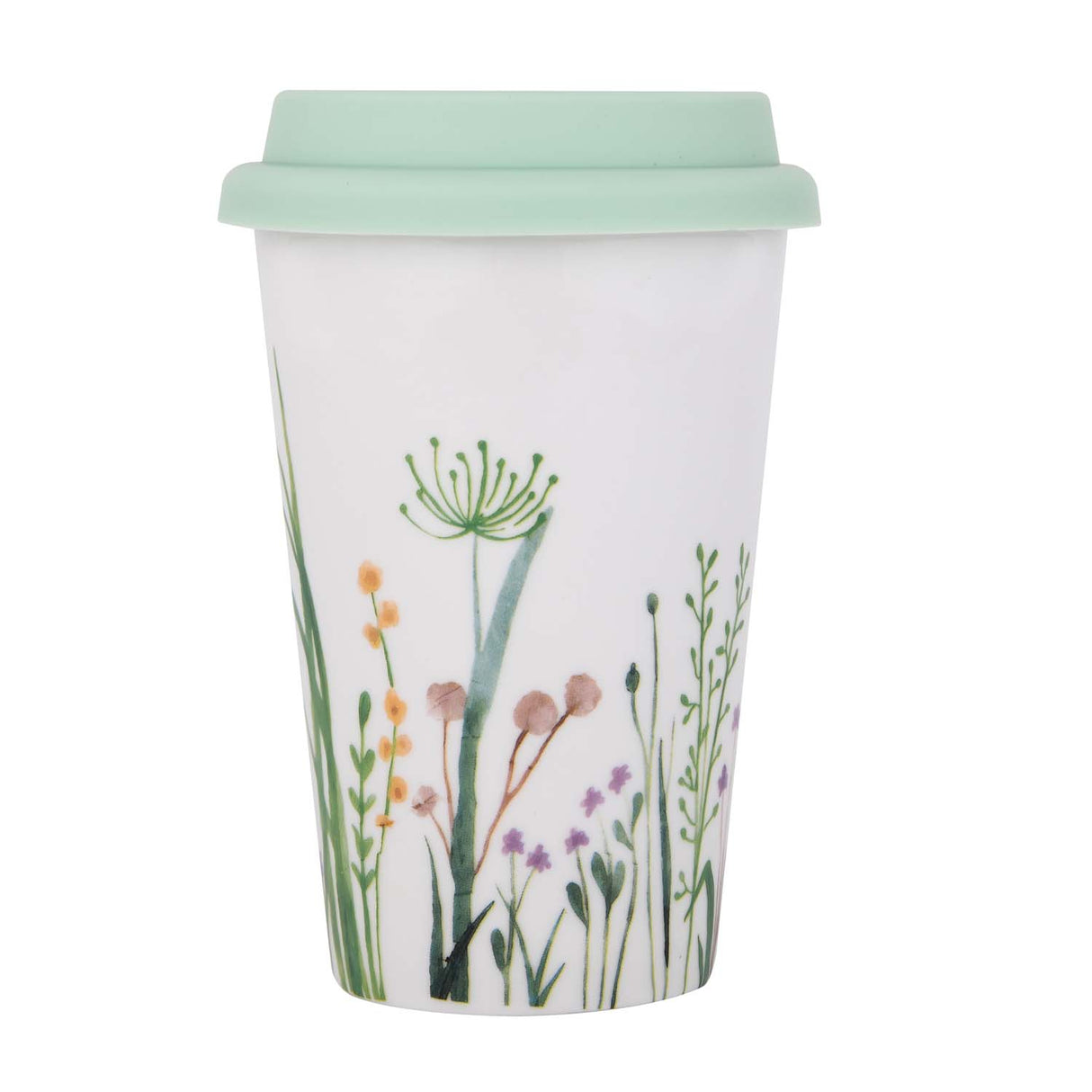 Floral Design 420 ml Ceramic Coffee Mug with Lid- Mint