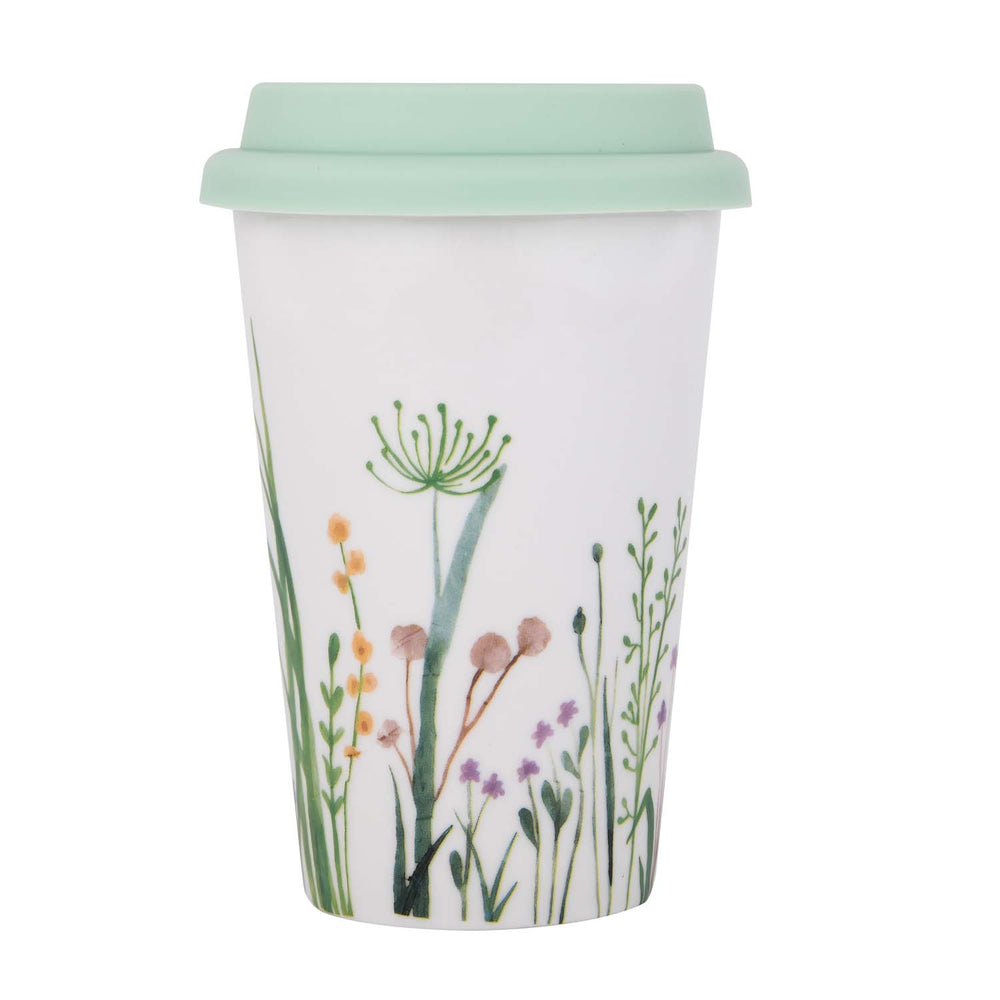 Floral Design 420 ml Ceramic Coffee Mug with Lid- Mint