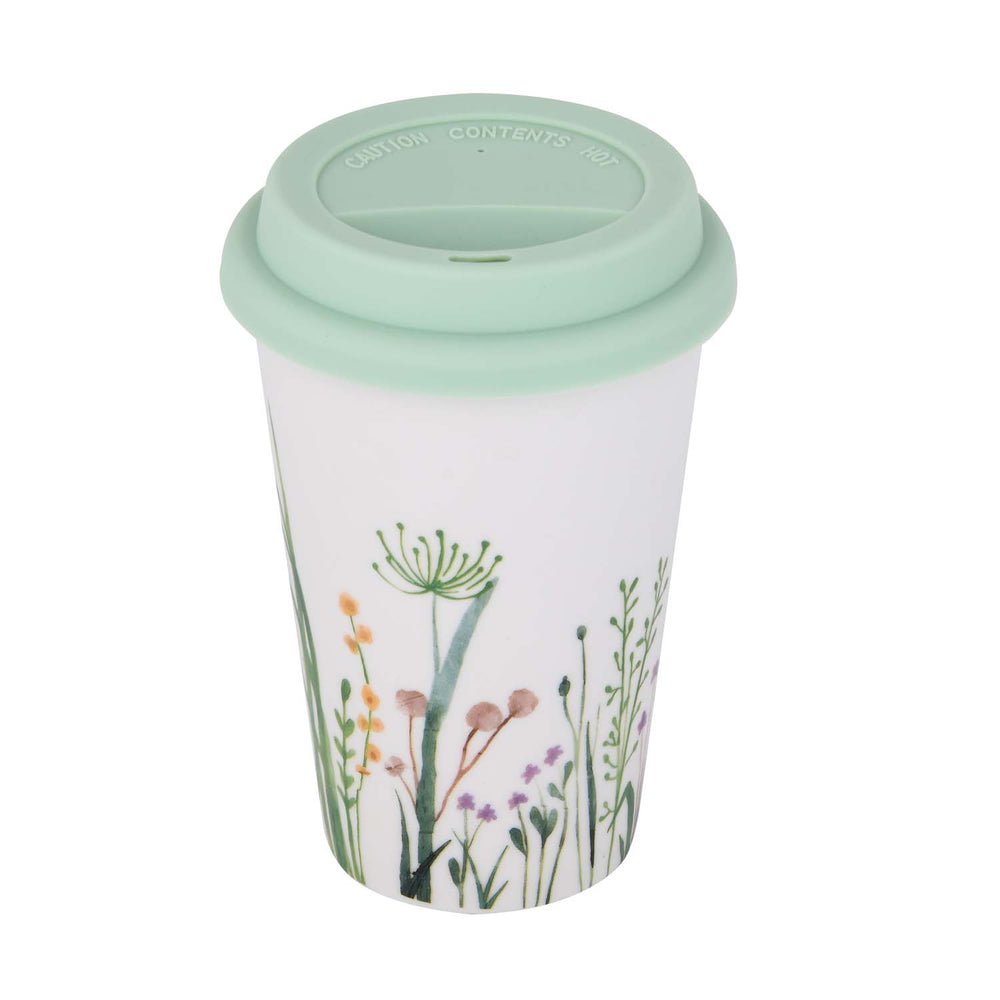 Floral Design 420 ml Ceramic Coffee Mug with Lid- Mint