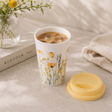 Floral Design 420 ml Ceramic Coffee Mug with Lid- Yellow