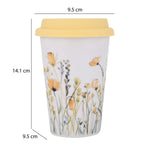 Floral Design 420 ml Ceramic Coffee Mug with Lid- Yellow