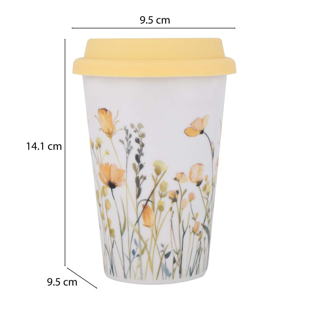 Floral Design 420 ml Ceramic Coffee Mug with Lid- Yellow