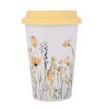 Floral Design 420 ml Ceramic Coffee Mug with Lid- Yellow
