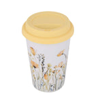 Floral Design 420 ml Ceramic Coffee Mug with Lid- Yellow