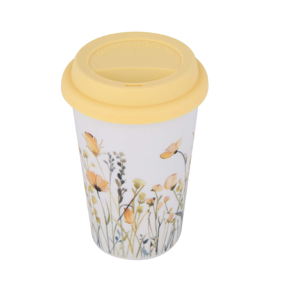 Floral Design 420 ml Ceramic Coffee Mug with Lid- Yellow