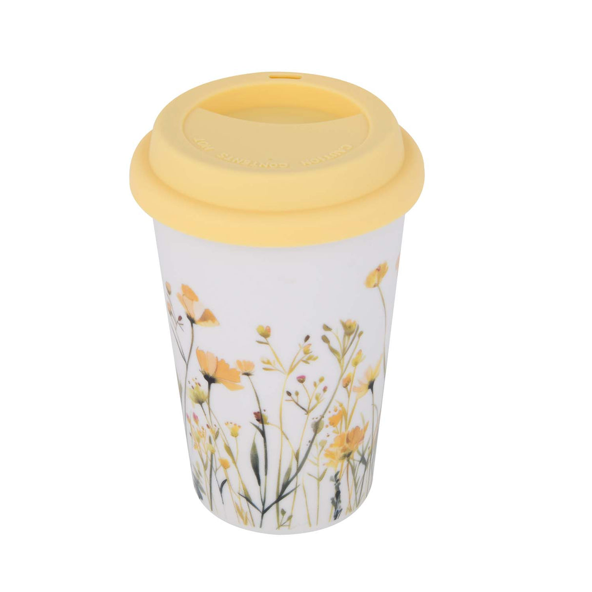 Floral Design 420 ml Ceramic Coffee Mug with Lid- Yellow