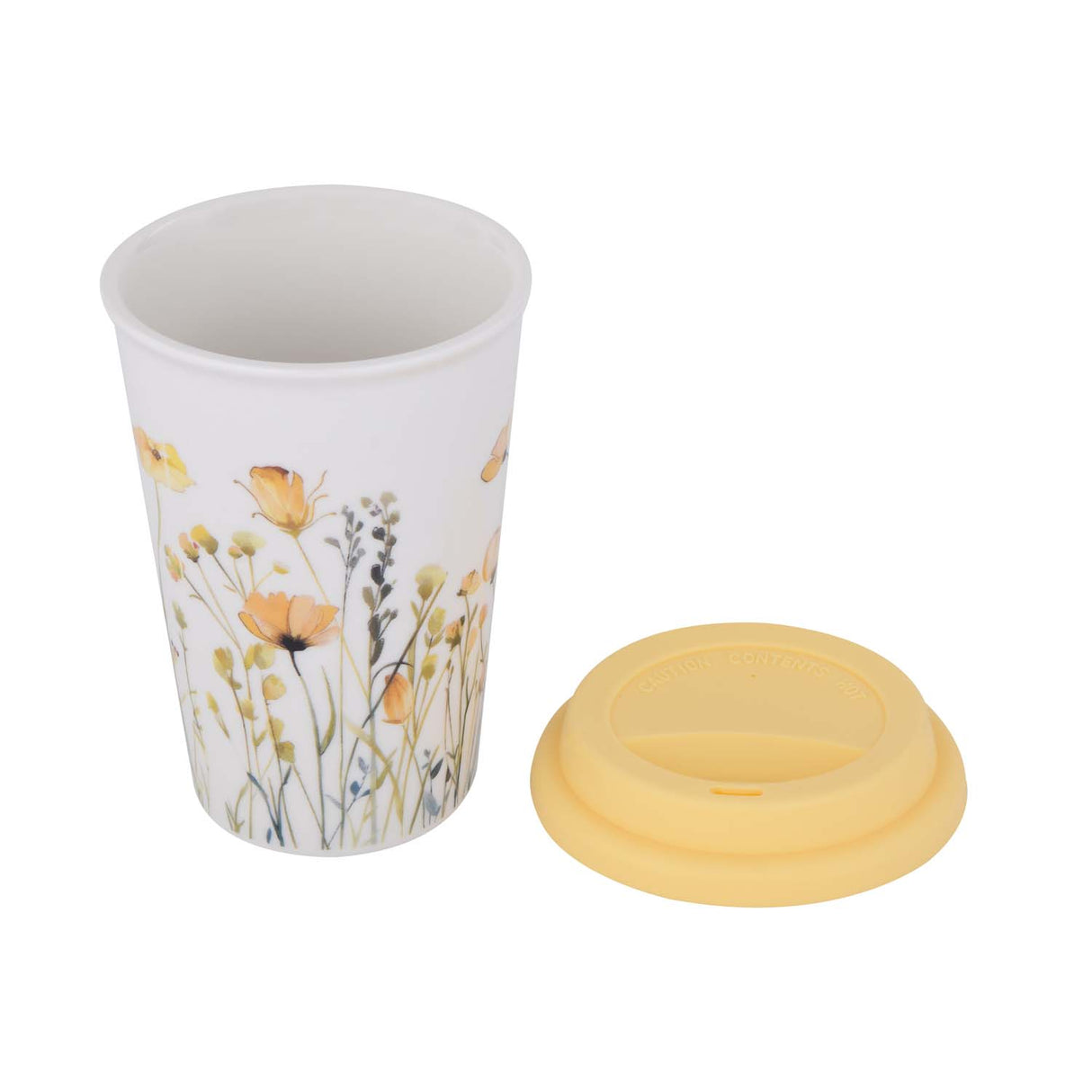 Floral Design 420 ml Ceramic Coffee Mug with Lid- Yellow