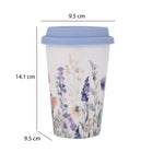 Floral Design 420 ml Ceramic Coffee Mug with Lid- Blue
