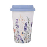 Floral Design 420 ml Ceramic Coffee Mug with Lid- Blue