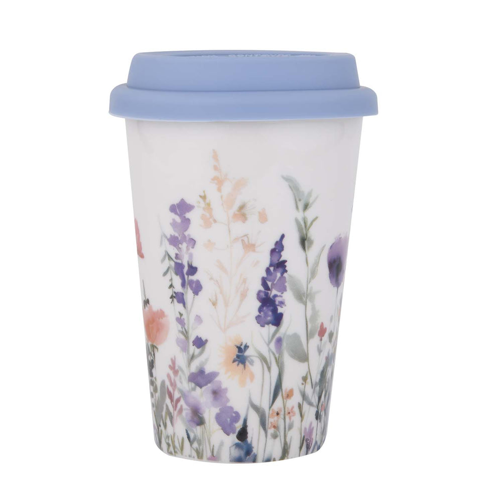 Floral Design 420 ml Ceramic Coffee Mug with Lid- Blue