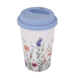 Floral Design 420 ml Ceramic Coffee Mug with Lid- Blue