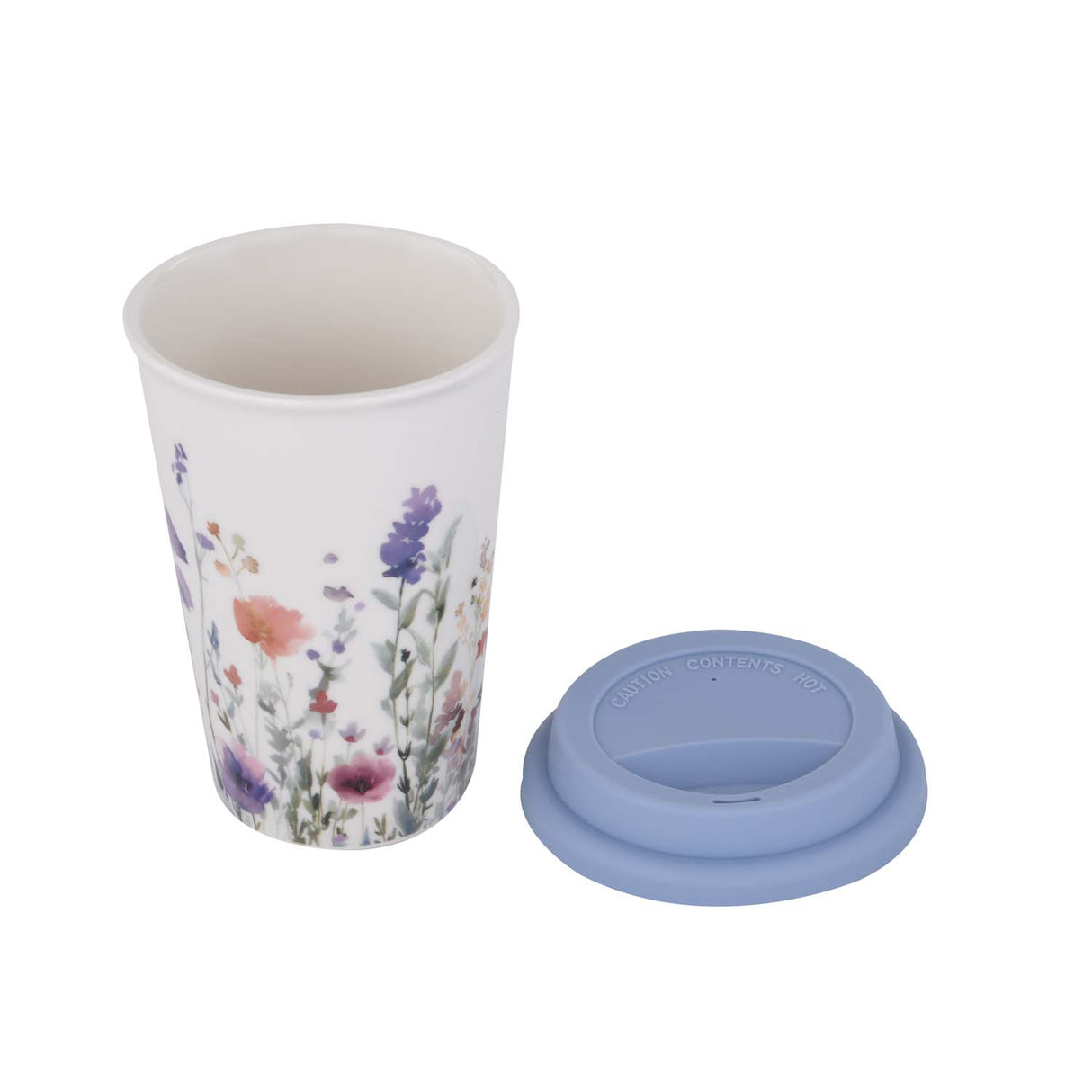 Floral Design 420 ml Ceramic Coffee Mug with Lid- Blue