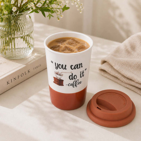 You Can Do It Printed 420 ml Ceramic Coffee Mug with Lid- Brown