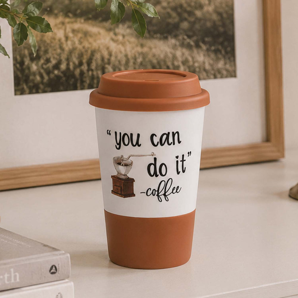 You Can Do It Printed 420 ml Ceramic Coffee Mug with Lid- Brown