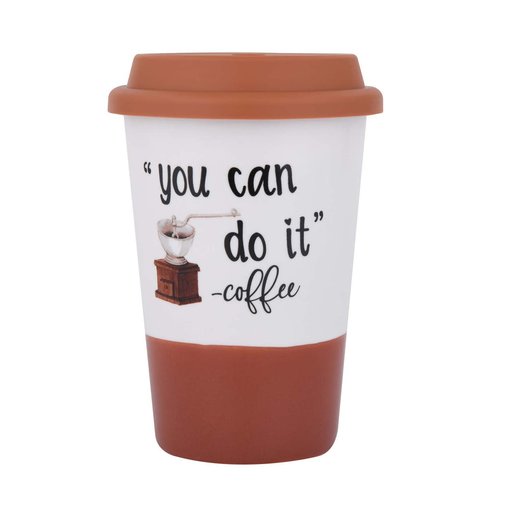 You Can Do It Printed 420 ml Ceramic Coffee Mug with Lid- Brown