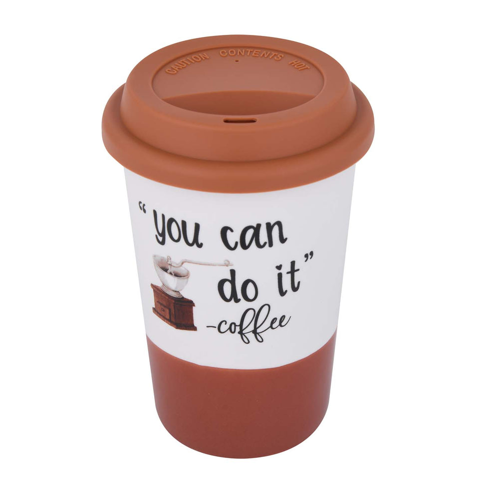 You Can Do It Printed 420 ml Ceramic Coffee Mug with Lid- Brown