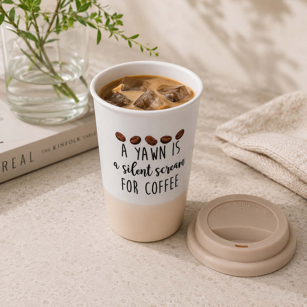 A Yawn Is Silent Scream Printed 420 ml Ceramic Coffee Mug with Lid- Pink