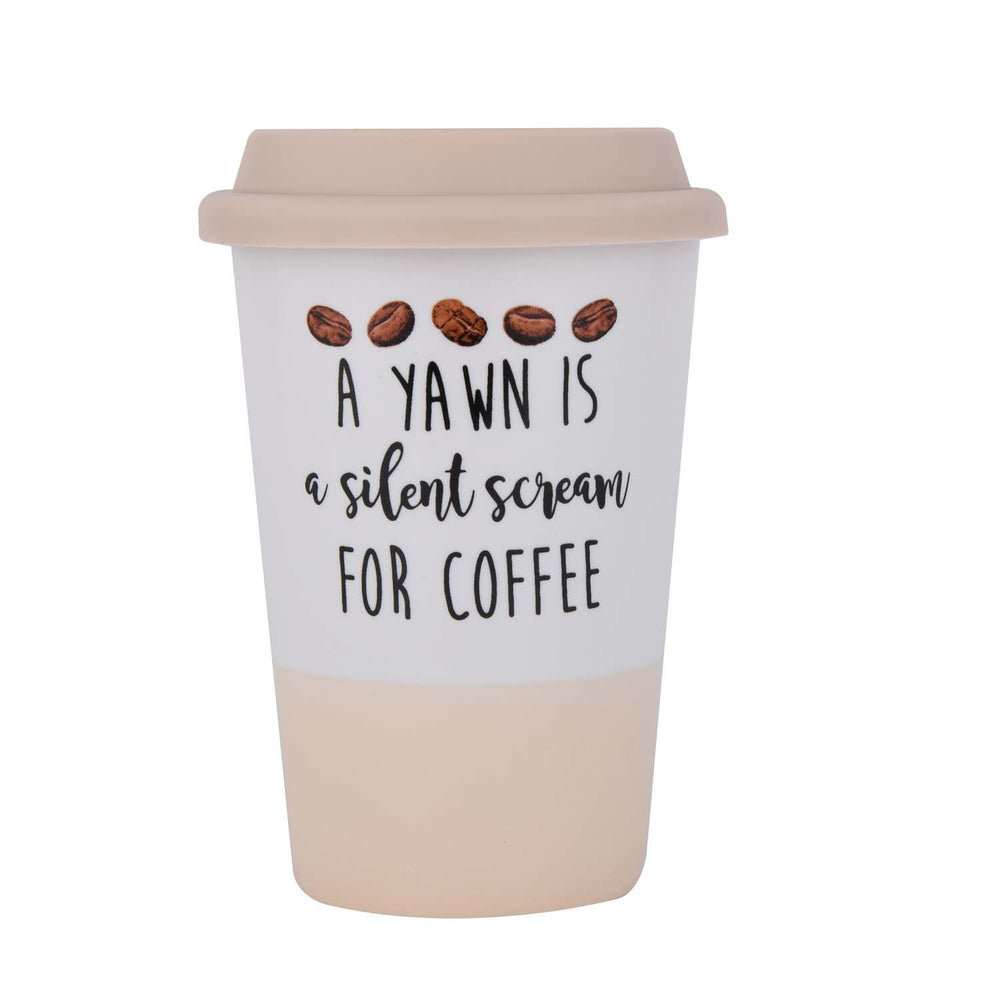 A Yawn Is Silent Scream Printed 420 ml Ceramic Coffee Mug with Lid- Pink
