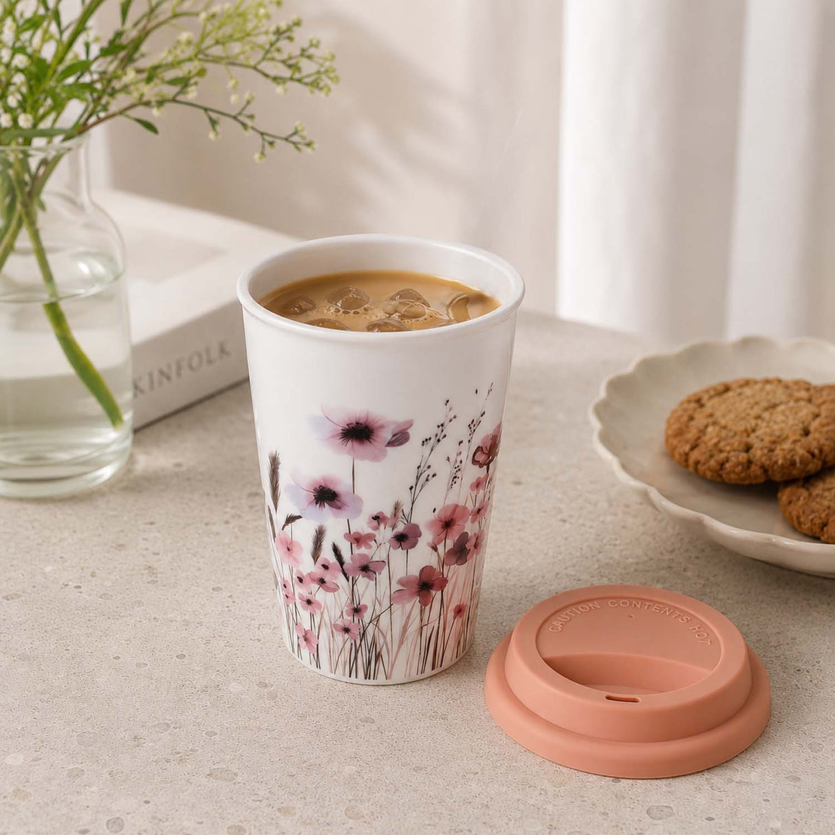 Floral Design 420 ml Ceramic Coffee Mug with Lid- Pink