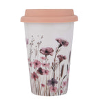 Floral Design 420 ml Ceramic Coffee Mug with Lid- Pink