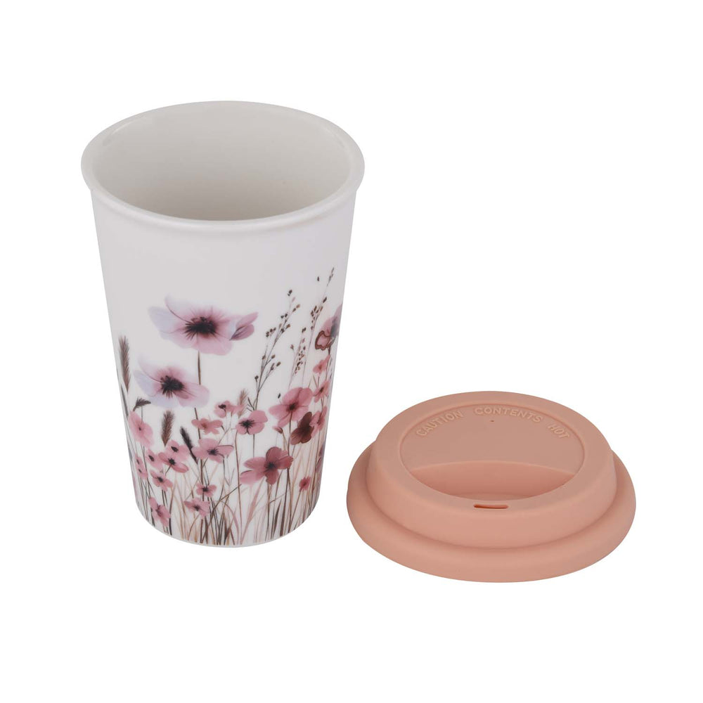 Floral Design 420 ml Ceramic Coffee Mug with Lid- Pink