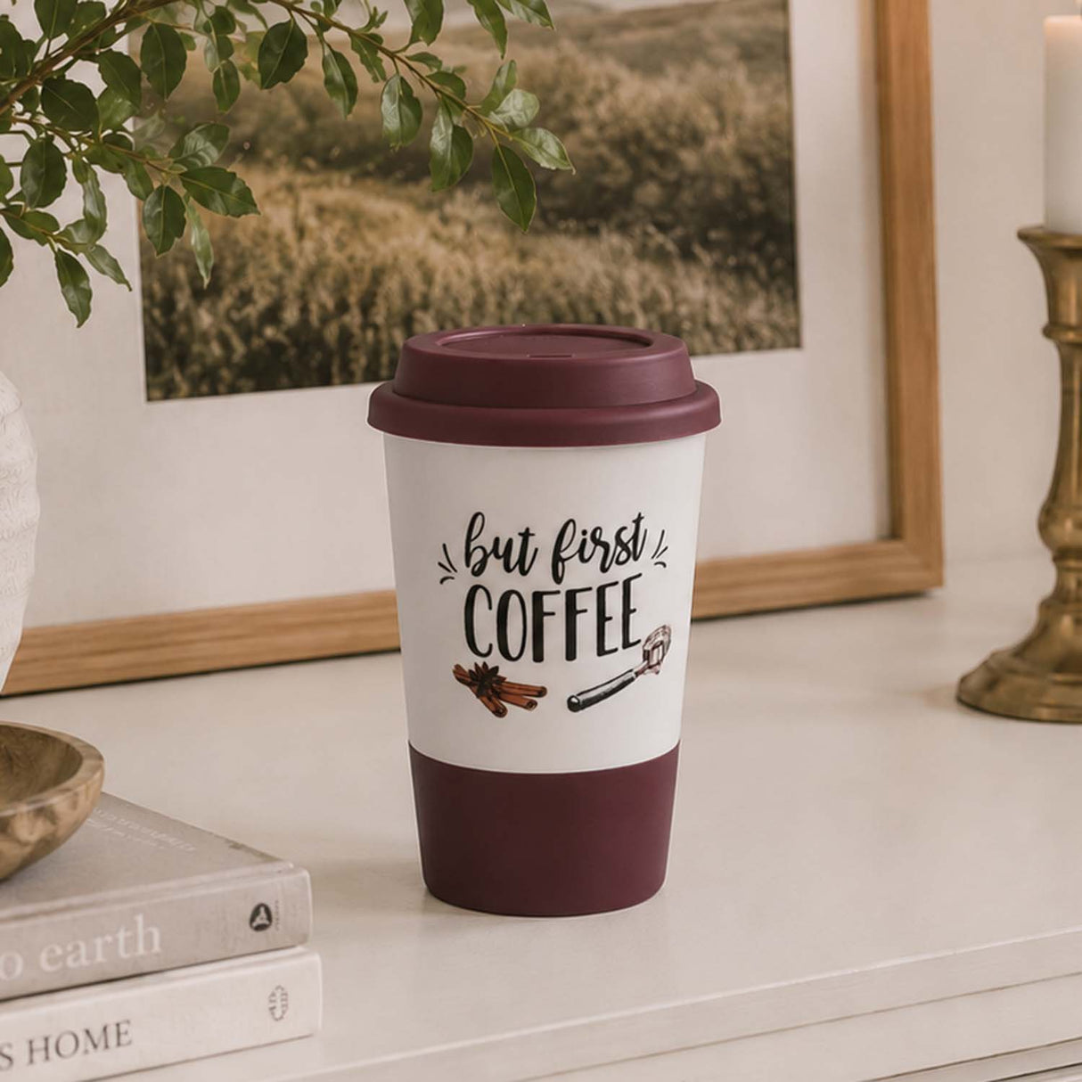 But First Coffee Printed 420 ml Ceramic Coffee Mug with Lid- Brown