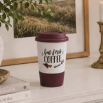 But First Coffee Printed 420 ml Ceramic Coffee Mug with Lid- Brown