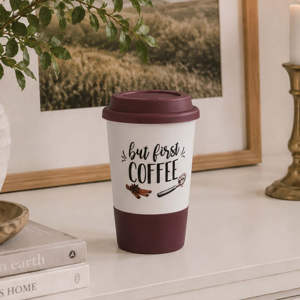 But First Coffee Printed 420 ml Ceramic Coffee Mug with Lid- Brown