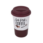 But First Coffee Printed 420 ml Ceramic Coffee Mug with Lid- Brown