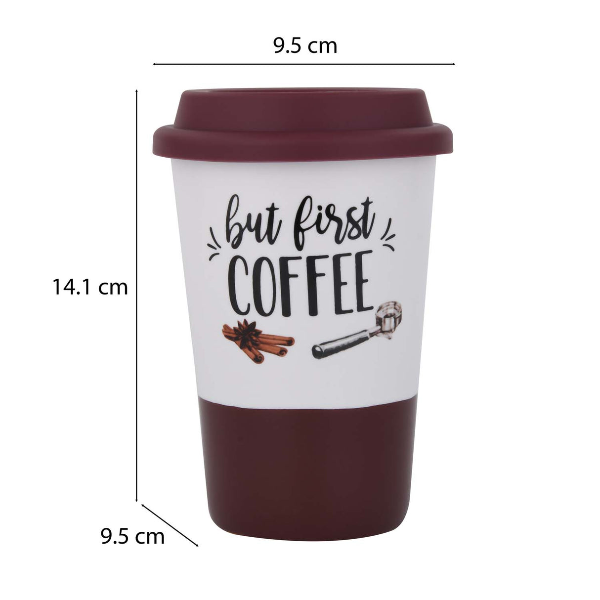 But First Coffee Printed 420 ml Ceramic Coffee Mug with Lid- Brown