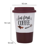 But First Coffee Printed 420 ml Ceramic Coffee Mug with Lid- Brown
