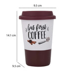 But First Coffee Printed 420 ml Ceramic Coffee Mug with Lid- Brown