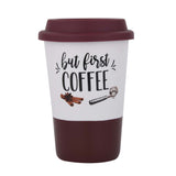 But First Coffee Printed 420 ml Ceramic Coffee Mug with Lid- Brown