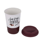 But First Coffee Printed 420 ml Ceramic Coffee Mug with Lid- Brown