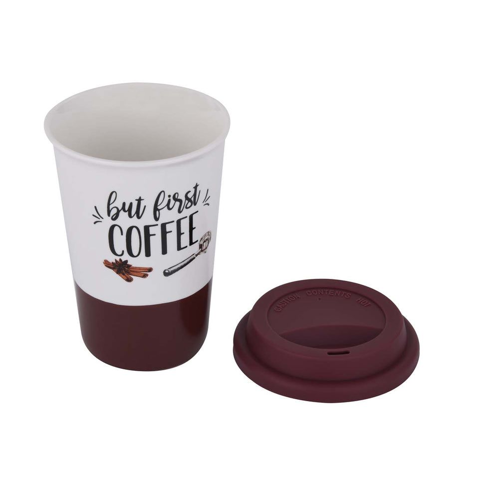 But First Coffee Printed 420 ml Ceramic Coffee Mug with Lid- Brown