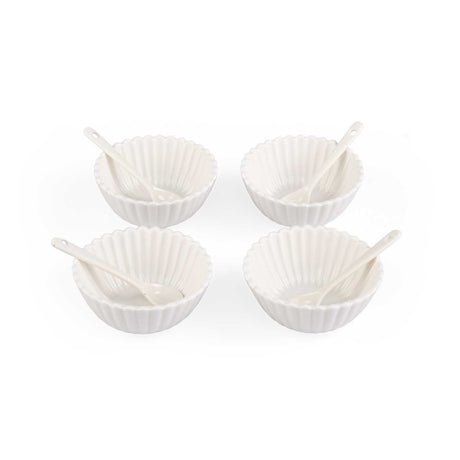 Round Ceramic Bowls and Spoons Set of 8- White