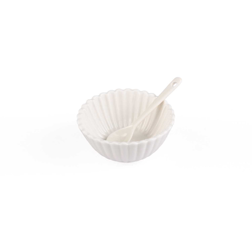 Round Ceramic Bowls and Spoons Set of 8- White