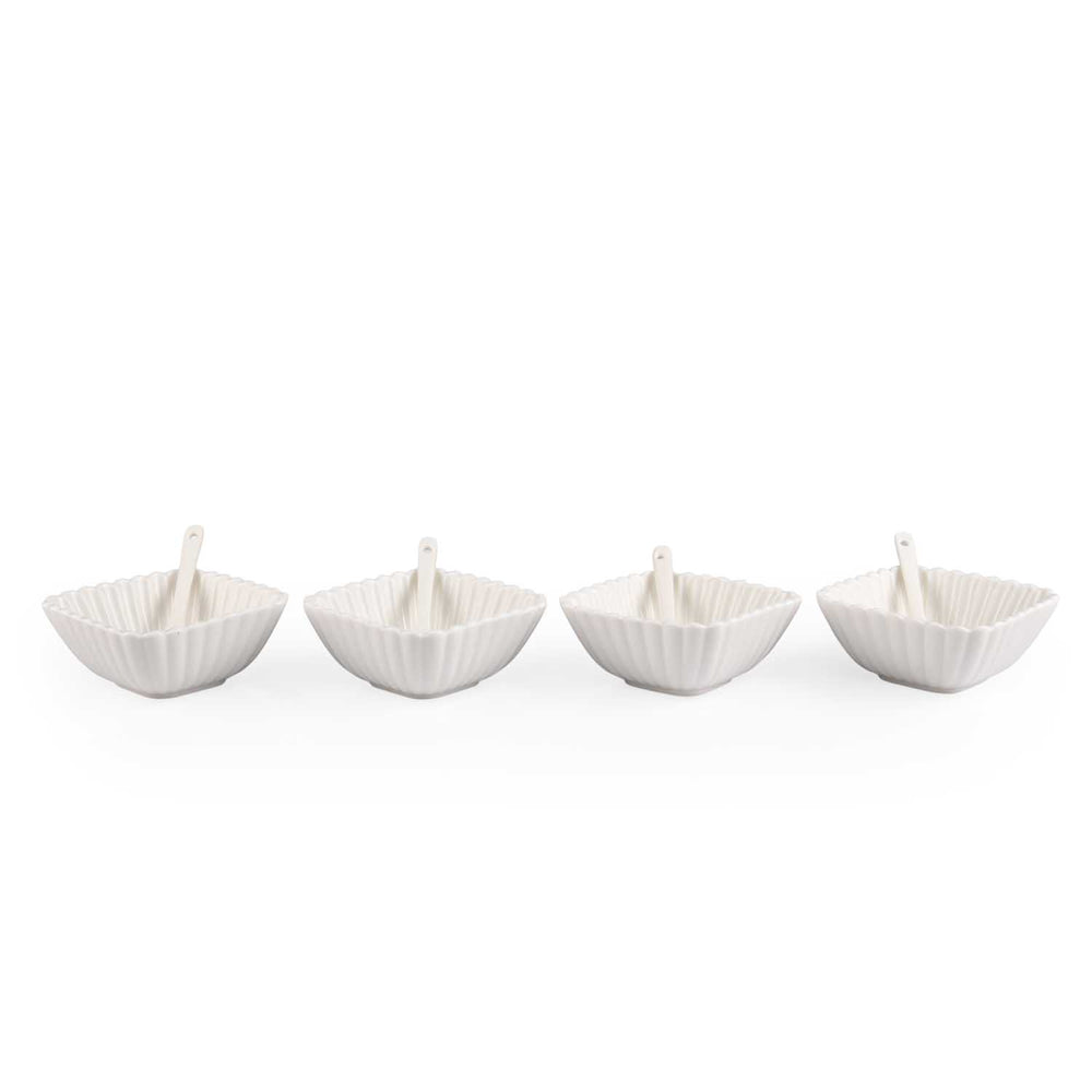 Square Ceramic Bowls and Spoons Set of 8- White