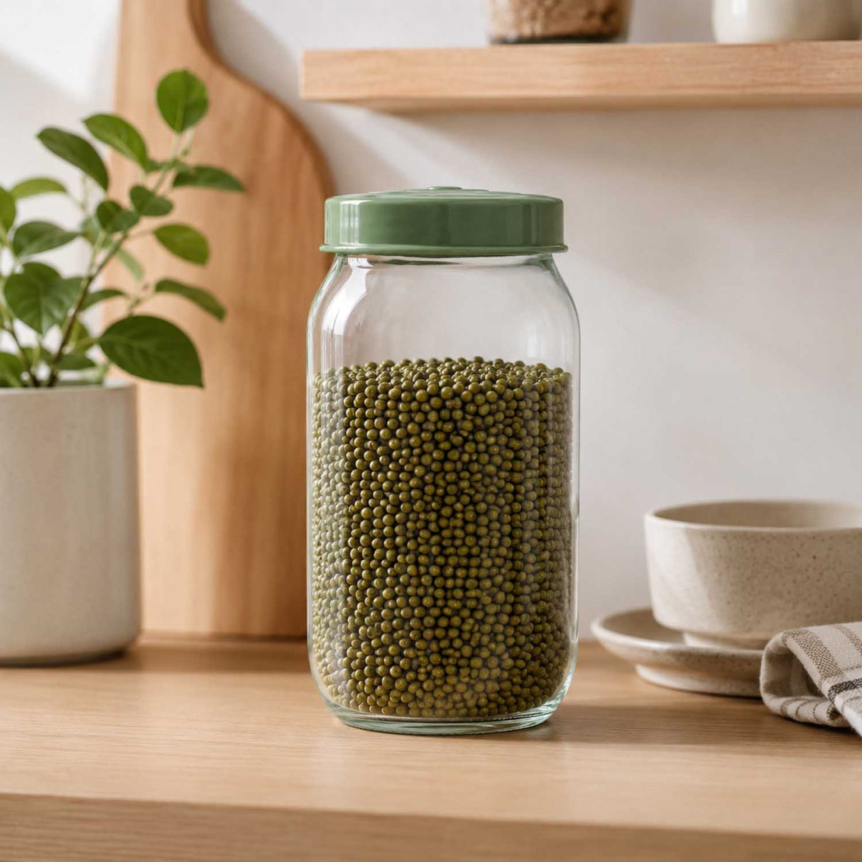 Multipurpose 1000 ml Glass Cannister with Lid- Transparent & Green
