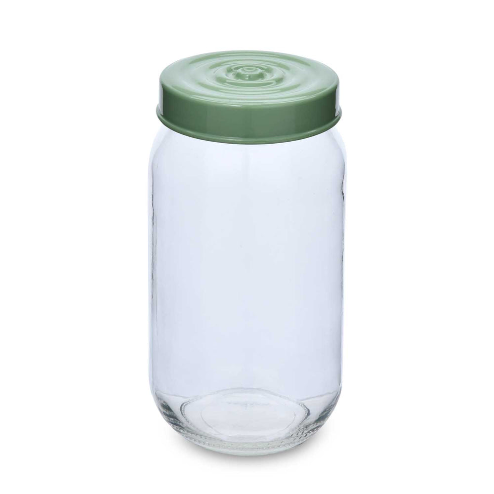 Multipurpose 1000 ml Glass Cannister with Lid- Transparent & Green