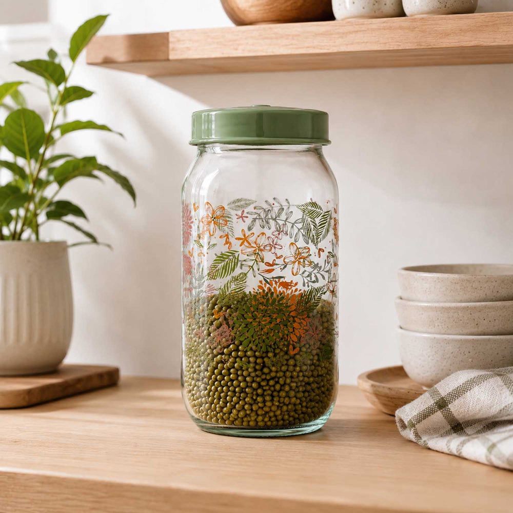 Botanical Print 1000 ml Glass Cannister with Lid- Green