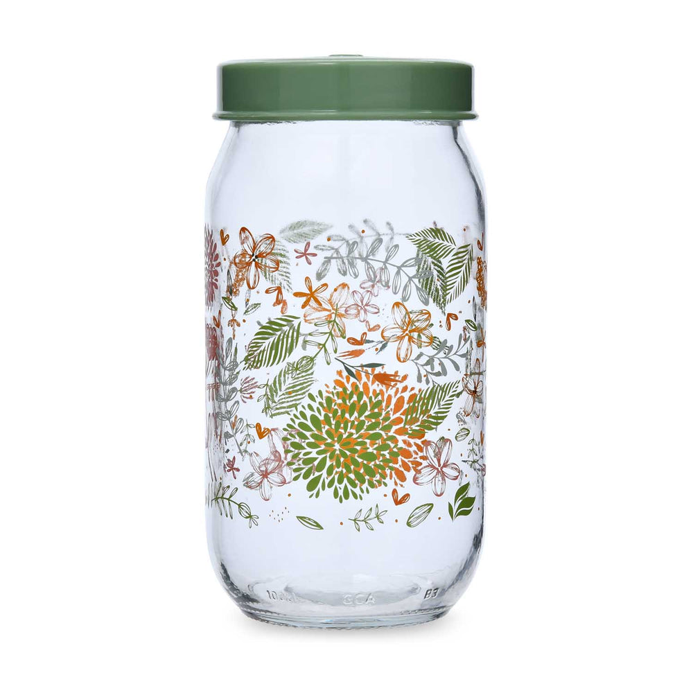 Botanical Print 1000 ml Glass Cannister with Lid- Green
