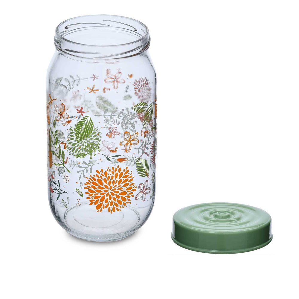 Botanical Print 1000 ml Glass Cannister with Lid- Green