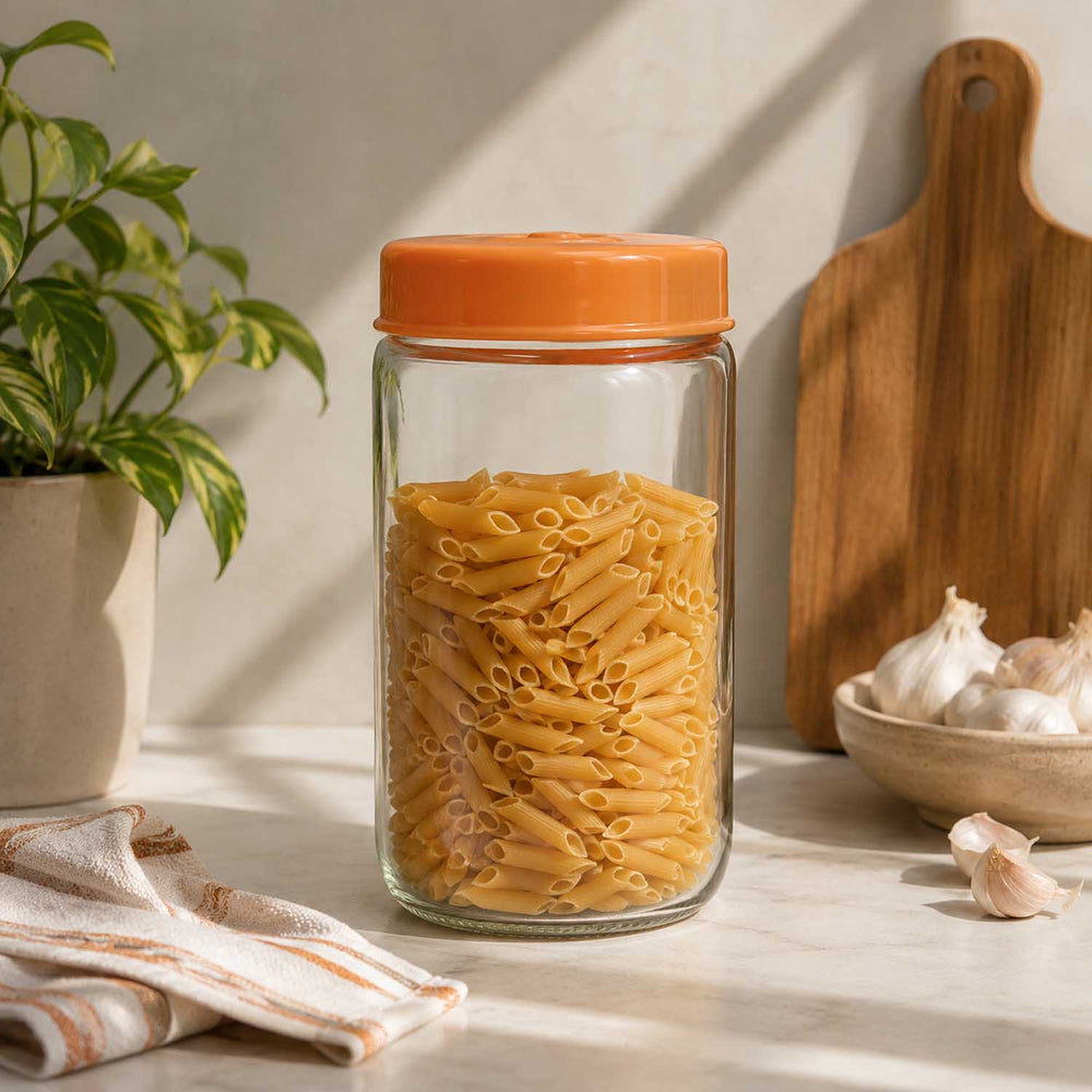 Multipurpose 660 ml Glass Cannister with Lid- Transparent & Orange