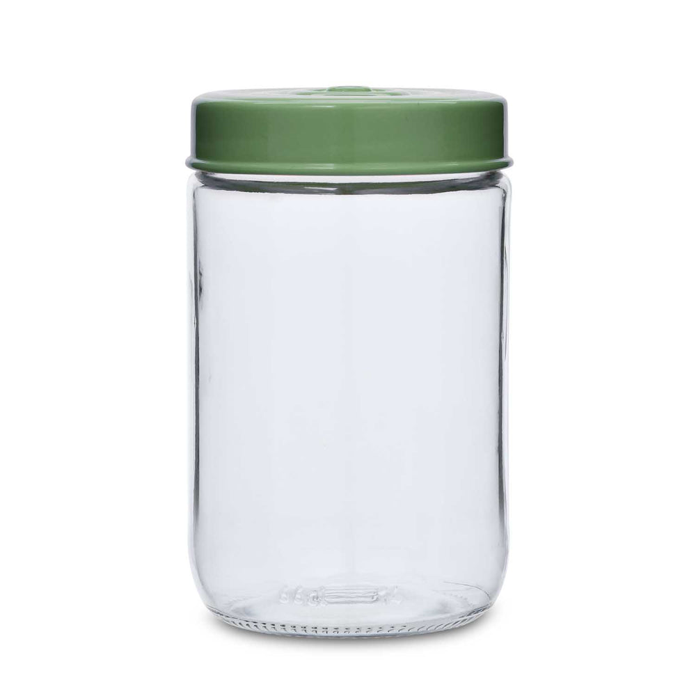 Multipurpose 660 ml Glass Cannister with Lid- Transparent & Green